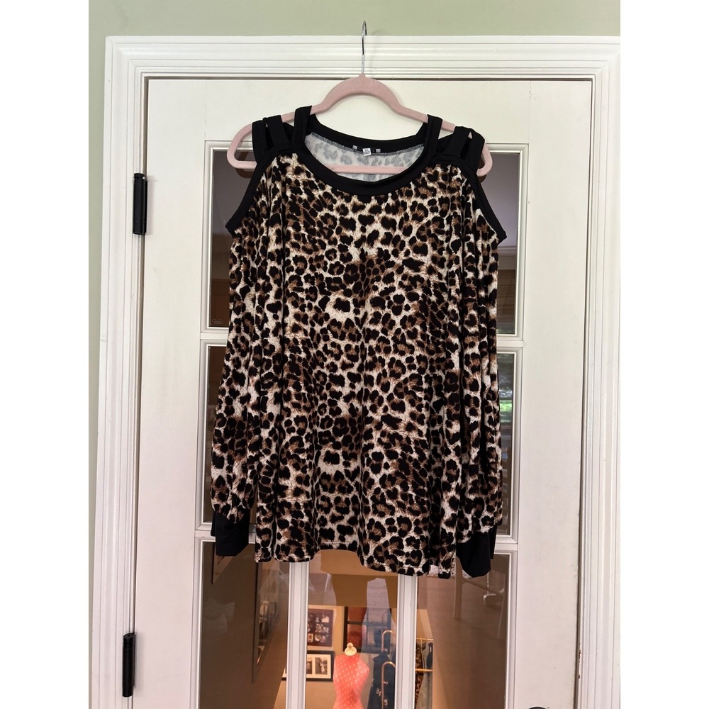 EUC White Birch Tunic Top 2X Black Animal Leopard Print Strappy Cold Shoulder - Picture 2 of 12